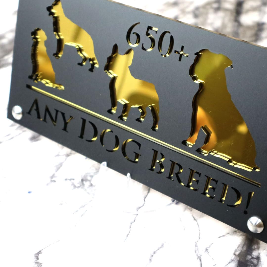 K Smart Sign | 280mm x 140mm | Personalised Dog Luxe property house Dogs wall number address Any-Dog personalised plaque numbers signs fully personalised choose your own (Black & Gold Mirror)