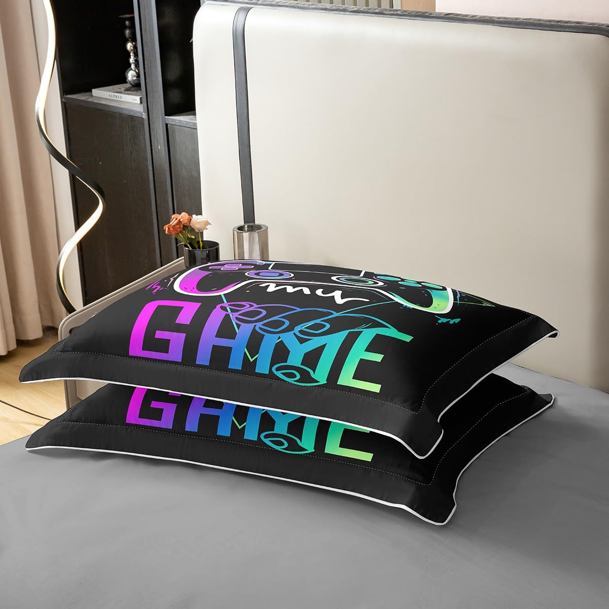 Homemissing Set di biancheria da letto con copripiumino e 2 federe, in 100% cotone, per bambini, motivo videogiochi, colore viola, nero, per ragazzi e ragazzi, motivo controller