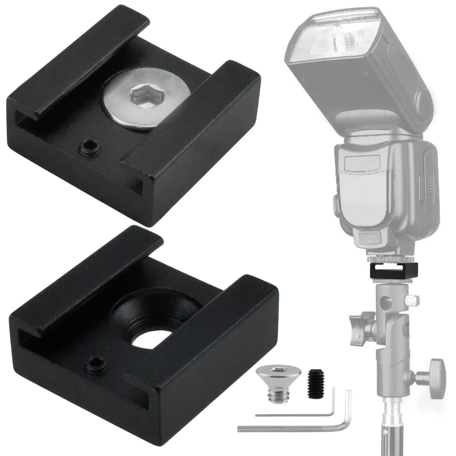2 adaptadores de montaje de zapata fría flash, soporte de zapata fría de aleación de aluminio con pines antitorsión, llave hexagonal y tornillo de 1/4 pulgadas para micrófono de monitor de luz