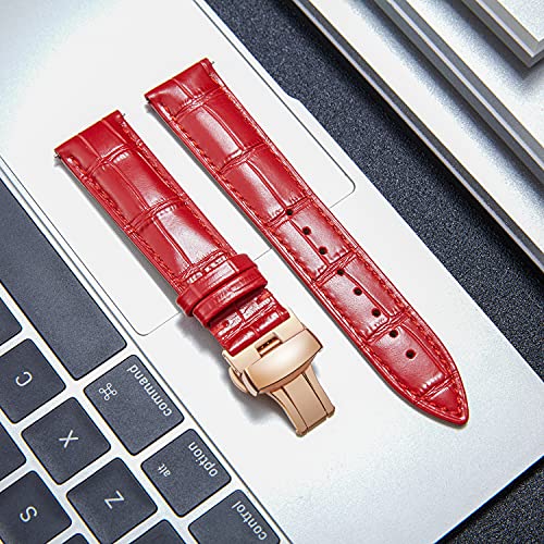 BINLUN Leather Watch Strap, Quick Release Genuine Leather Replacement Watch Band with Butterfly Deployment Buckle for Men and Women, 12mm-24mm(Red-Rose Gold,17mm)