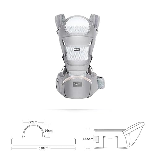 Miniatura 8 de KIYUMI Portabebés con asiento de cadera, posición M ergonómica, recién nacido a niño, soporte de cabeza y malla transpirable, ajustable y extraíble