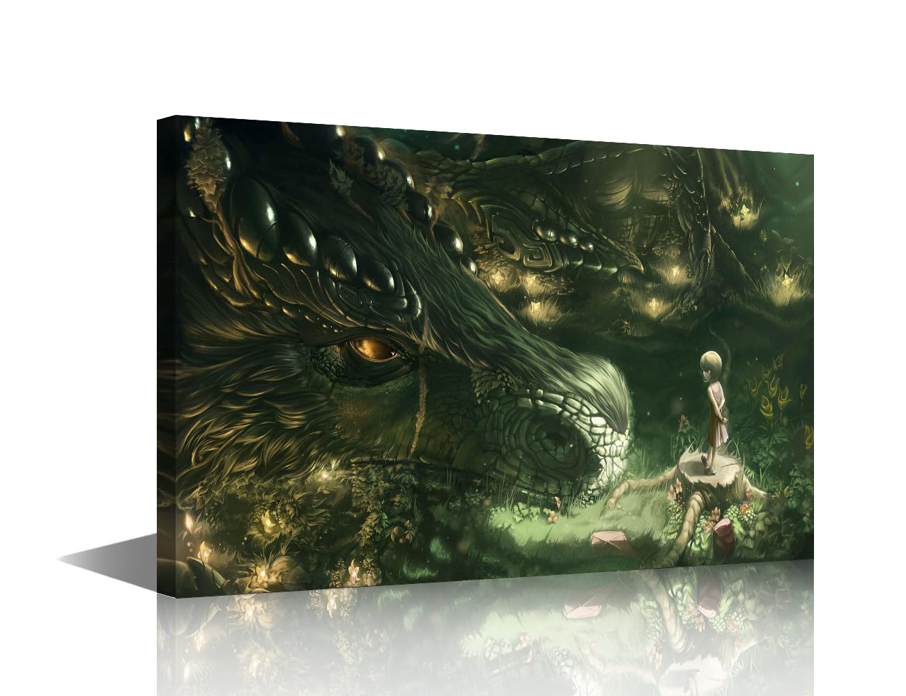 TISHIRON Modern Wall Art Black Dragon Wall Decor Dragon and Little Girl Canvas Prints Art Canvas Wall Art for Home Office Wall Decorations Giclee Wooden Framed Gallery-Wrapped Ready to Hang 18x12 in