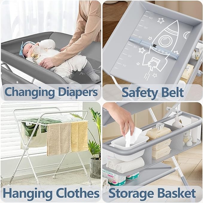 Suicune Baby Diaper Changing Tables, Foldable Changing Table with Wheels, Portable Diaper Changing Station, Adjustable Height Baby Changing Table with Wheels, Safety Belt and Large Storage Rack for Infant - Image 6 thumbnail