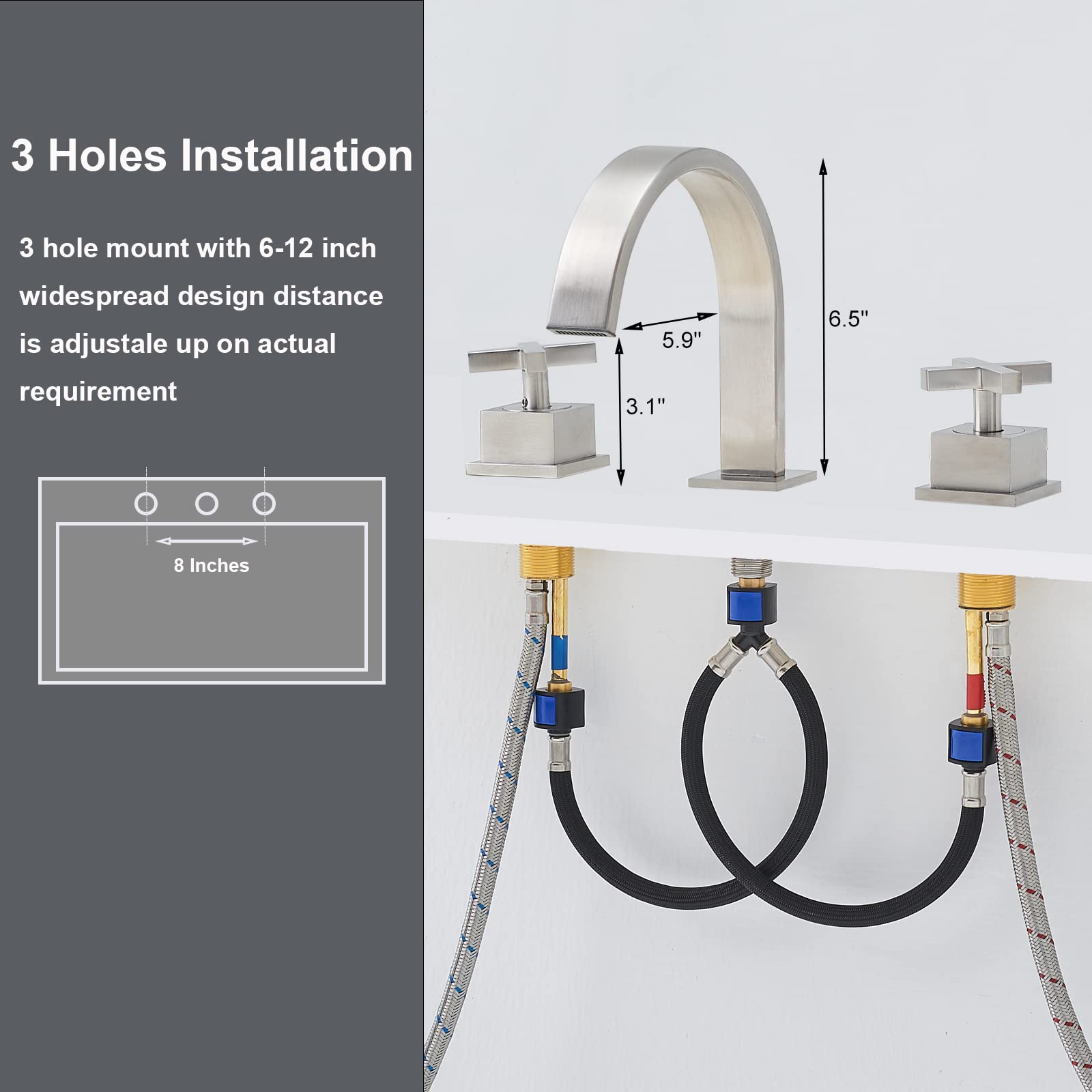 SHACO Brushed Nickel Waterfall Bathroom Faucet 3 Hole, 2 Cross Handle Bathroom Faucets for Sink 3 Hole, 8 Inch Widespread Vanity Faucet with Supply Hoses & Overflow Drain