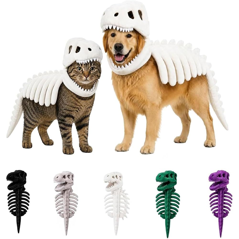 Pet Dinosaur Skeleton Costume,Soft Plush T-Rex Skeleton Costume，White：120cm