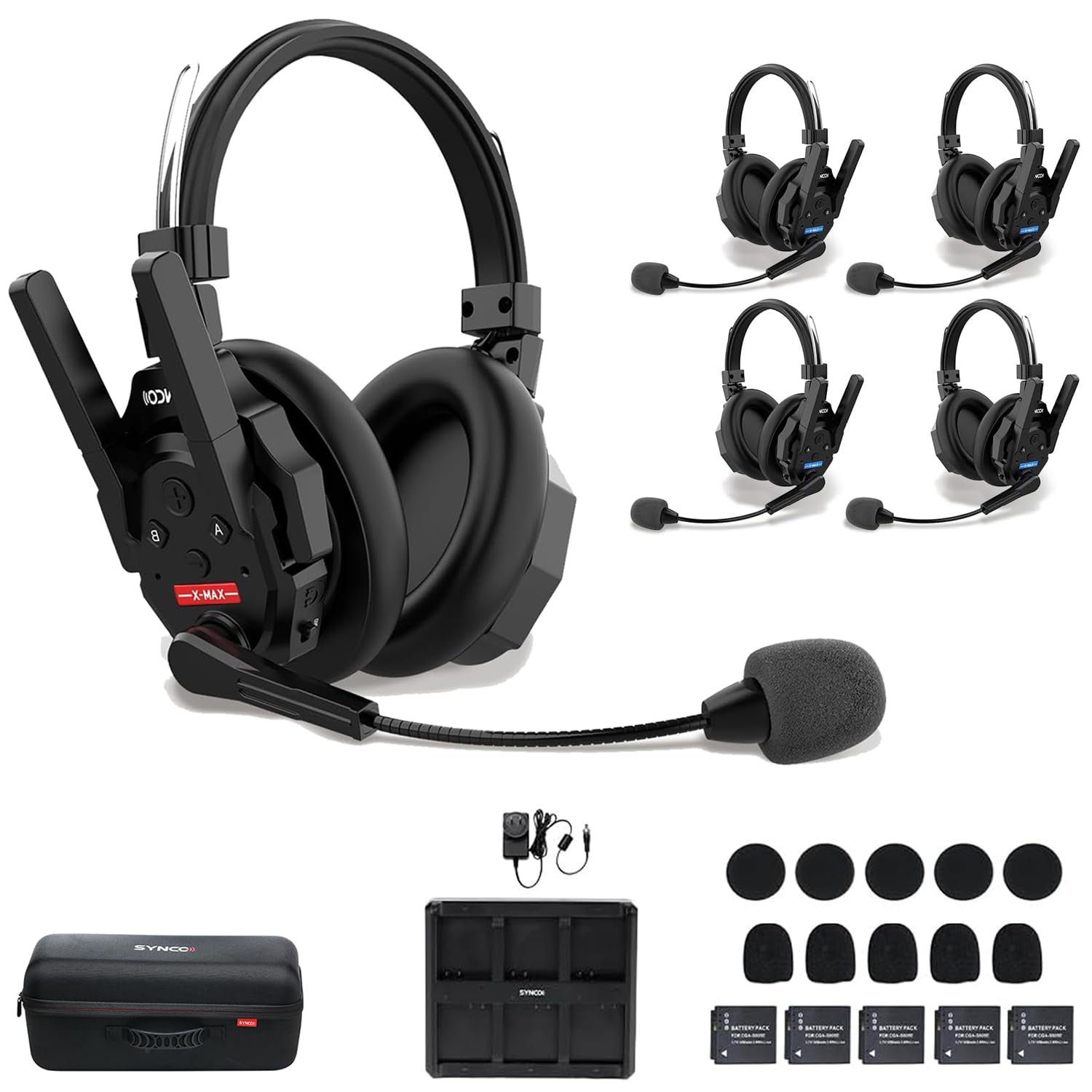 SYNCO XTalk XMax5 Dual-Ear Design Wireless Intercom Headset System Support 2.4GHz 5-Person Team Communication,Dual-mic AI Noise Cancellation,500M/1640FT Real-time Monitoring