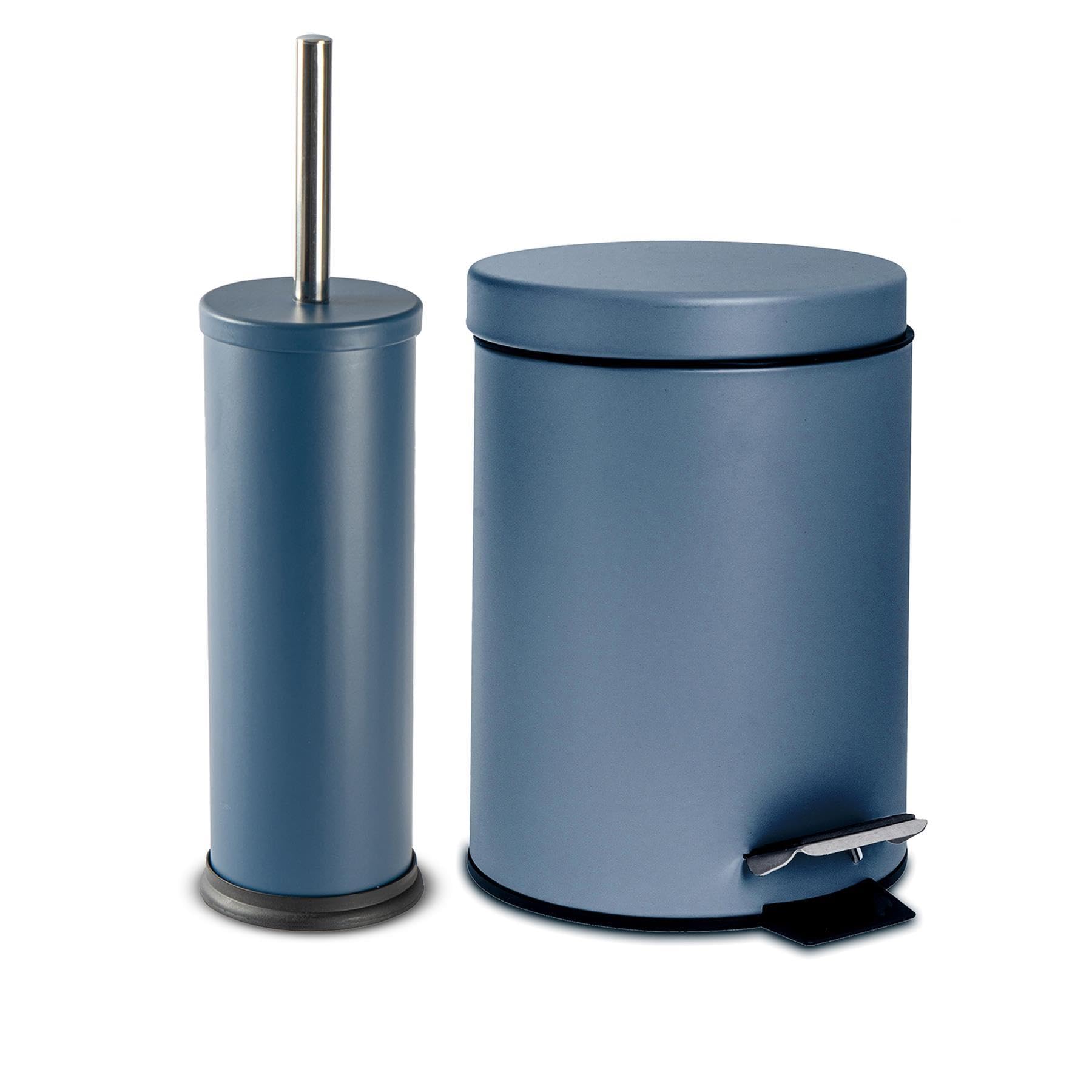 Harbour Housewares 3L Bathroom Bin & Brush Set - Matte Blue - 2pc Round Stainless Steel Pedal Bin & Toilet Brush Set Slim Small Trashcan for Kitchen Waste, Bathroom Rubbish