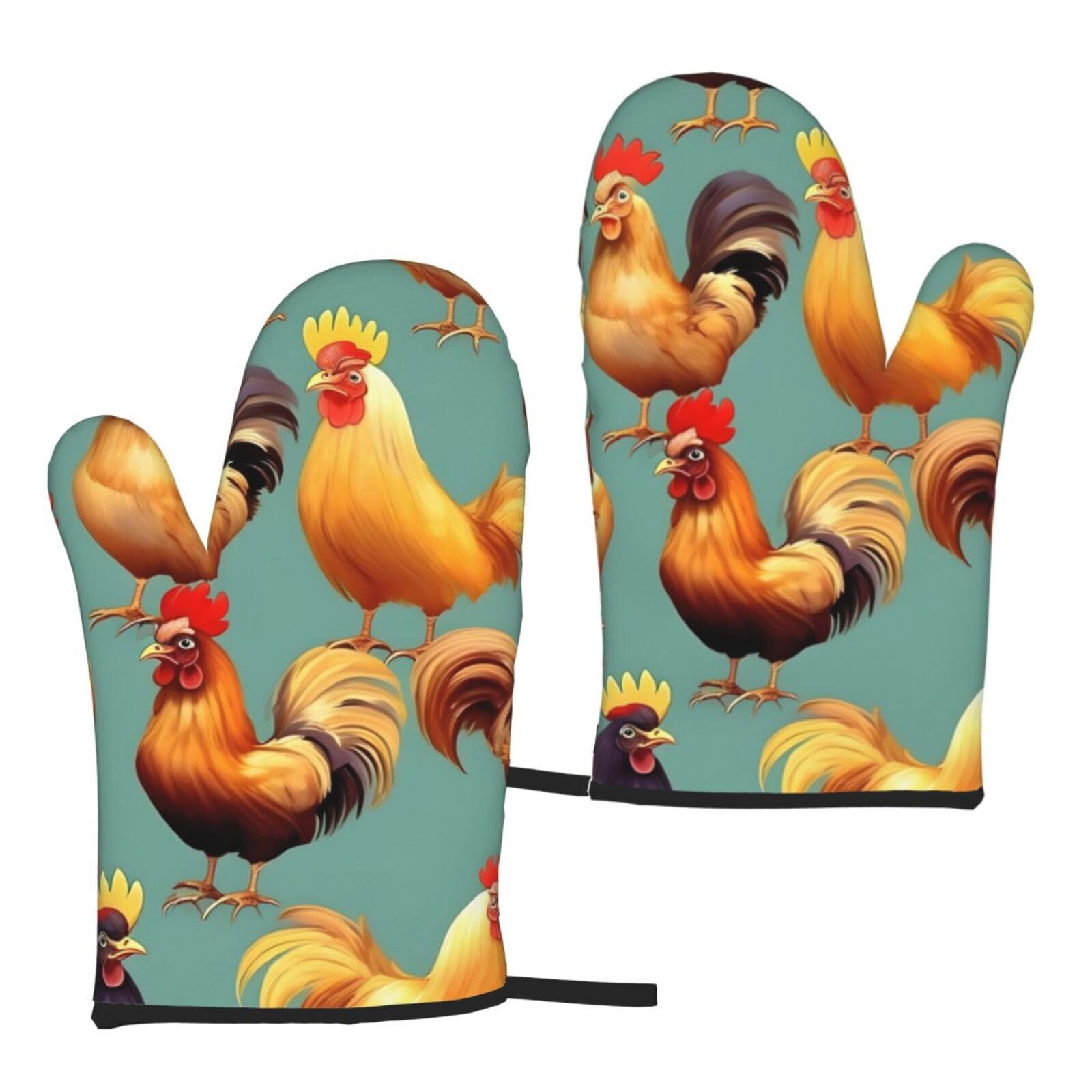 Cute Rooster Chickens Print Heat Resistant Universal Fit Oven Microwave Gloves Home Cooking Baking Grilling