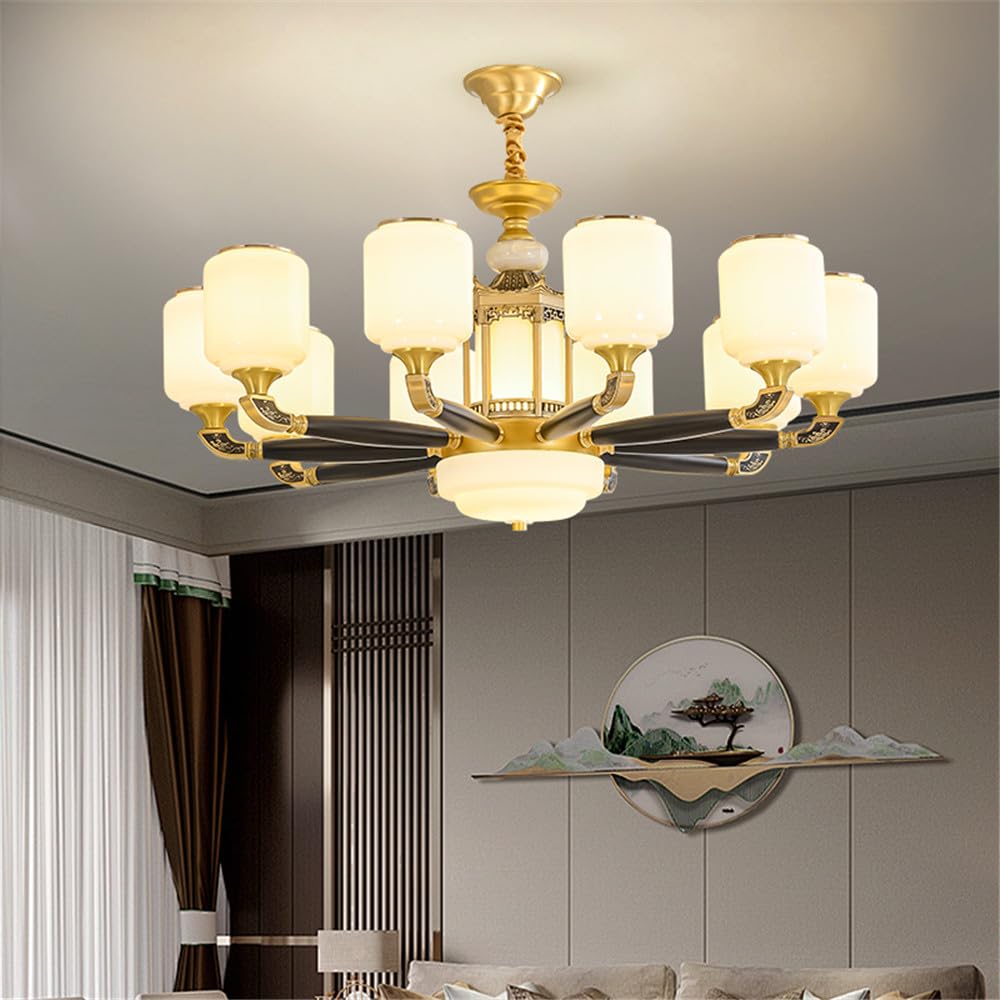 LYMSXAZOU Contemporary Luxury Brass Chandelier LED Chinese Style Living Room Bedroom Dining Villa Hotel Tearoom Cafe Pendent Lights (P 10 Lights)