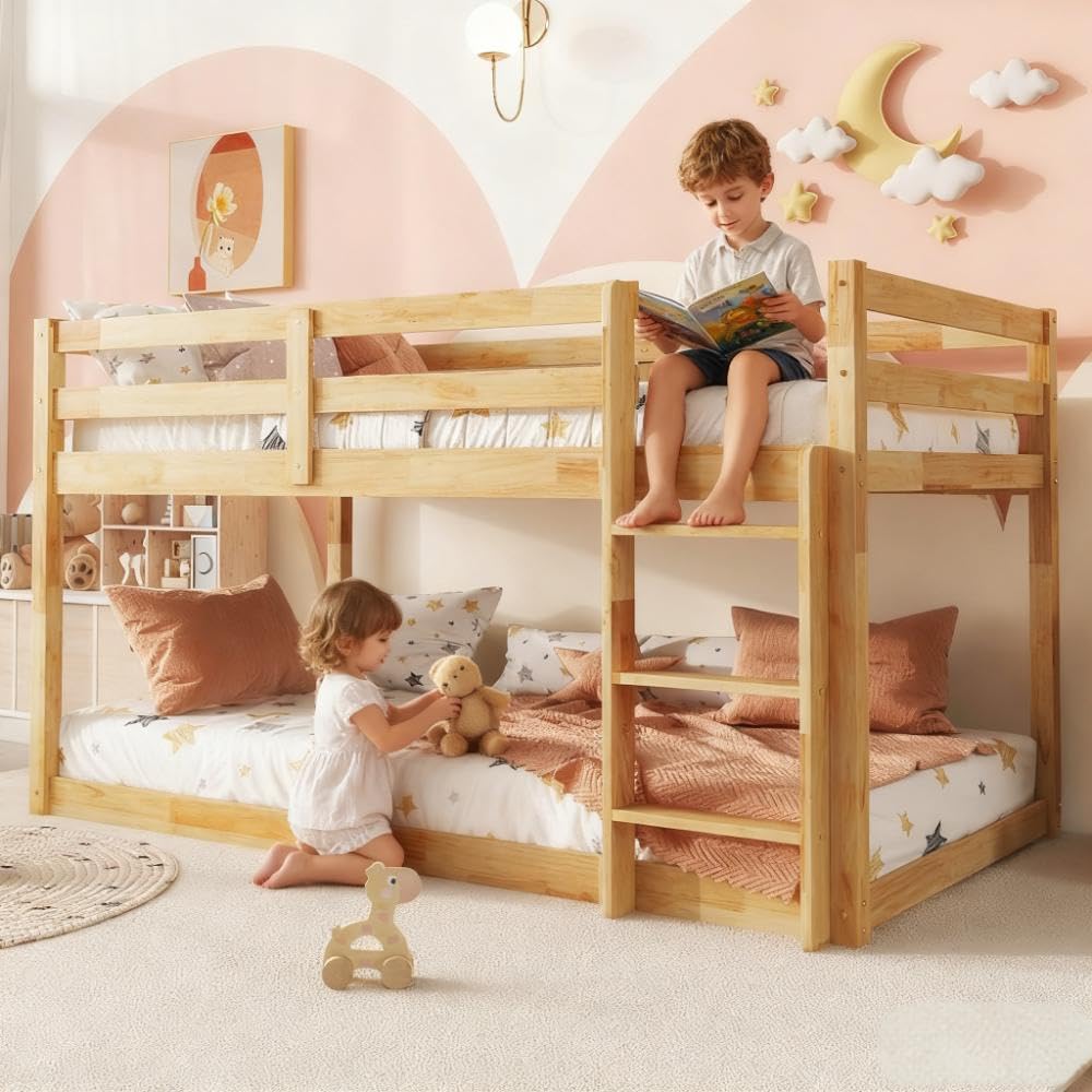 Mirightone Low Bunk Beds for Kids, Floor Bunk Bed Twin Over Twin, Solid Rubber Wooden Bunk Bed Frame for Girls Boys, Ideal for Multiple-Child Family,