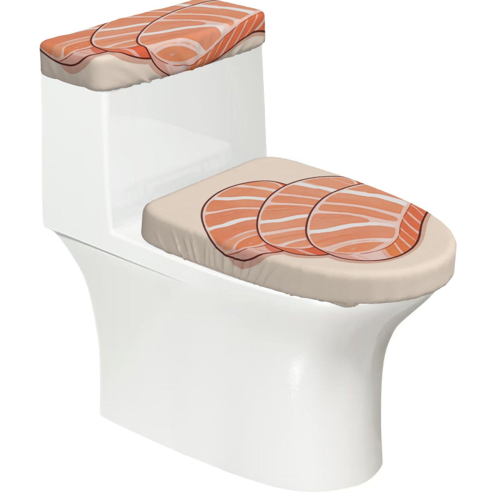 Salmon Slice Shape Elastic Toilet Cover Set of 2-Stretchy Lid and Tank Covers for Bathroom, Soft Washable U Shape Toilet Decor
