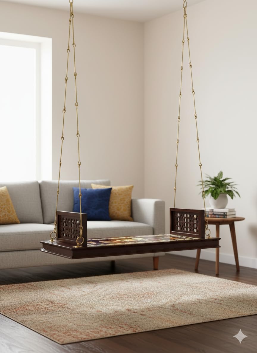 Jairi Traders Plank Wooden Swing Indoor Outdoor Teak Wood Handmade Support(4x2 Feet) Hand Painted with Brass Coated Accessories Hand Support Jhali Work-image-45