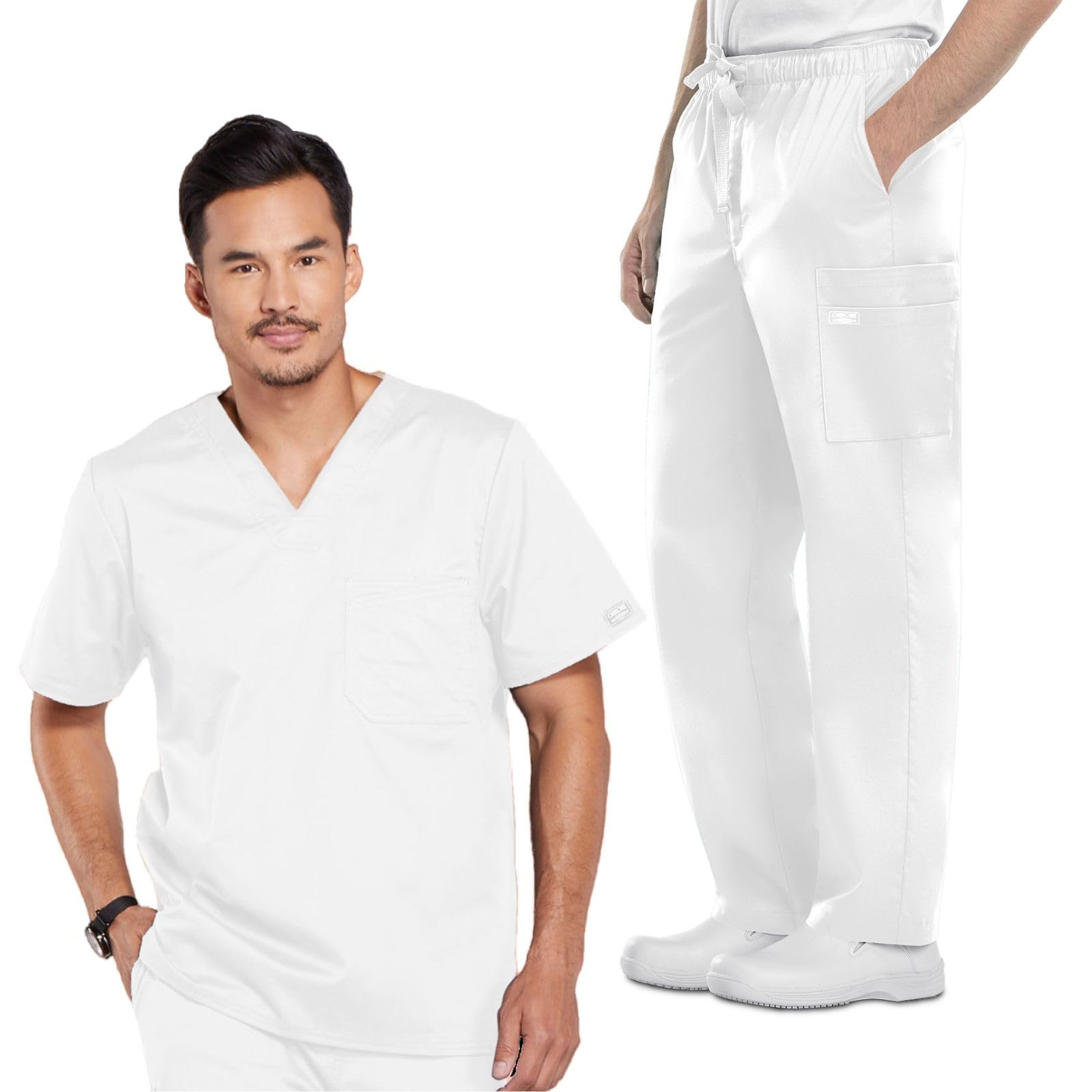 Cherokee Men's Scrub Set Tuckable V-Neck Top 4743 Fly Front Cargo Scrub Pant with Reinforced Adjustable Drawstring 4243