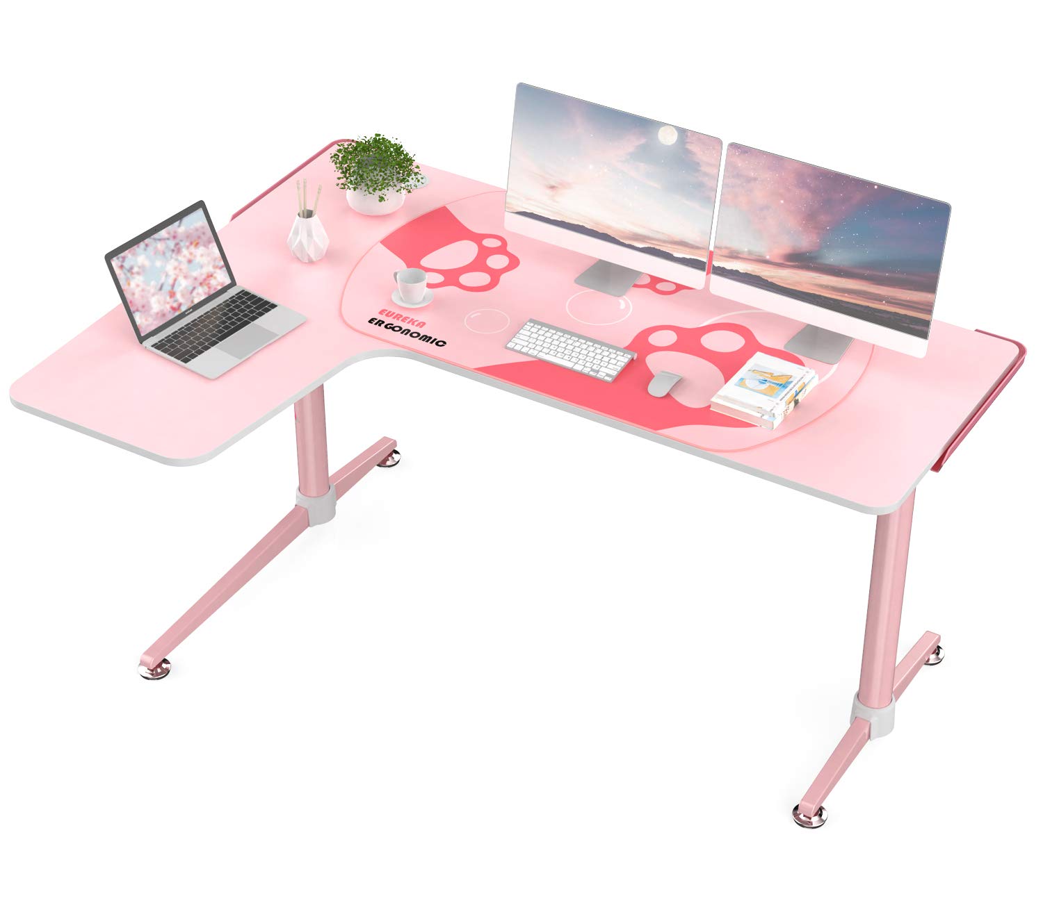 EUREKA ERGONOMIC L60 Corner Gaming Desk, L-Shape Pink Gaming Computer Desk Home Office Writing Table 60 X 43in W Mousepad Popular Gift for Girl/Female/E-Sports Lover Left Side