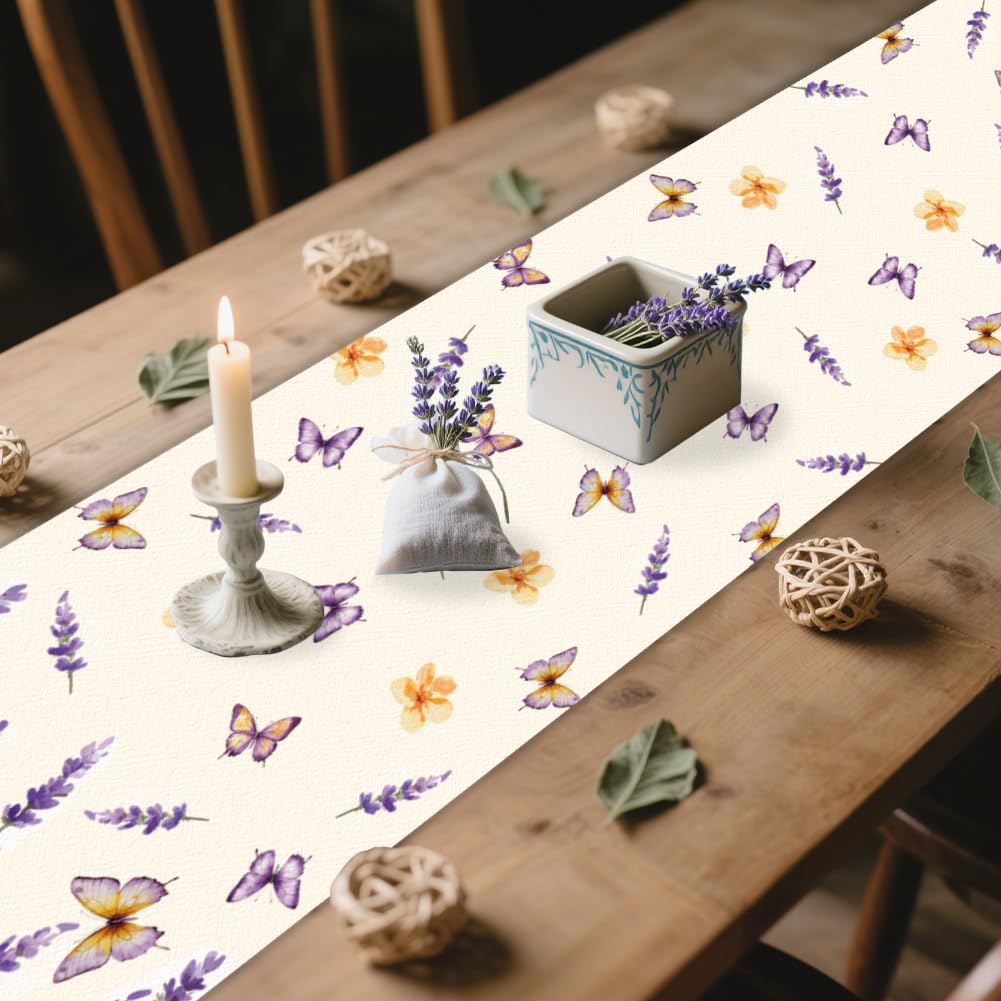 Spring Floral Table Runner - Wildflowers Butterfly Design | 13x72 Inch Farmhouse Kitchen Decor