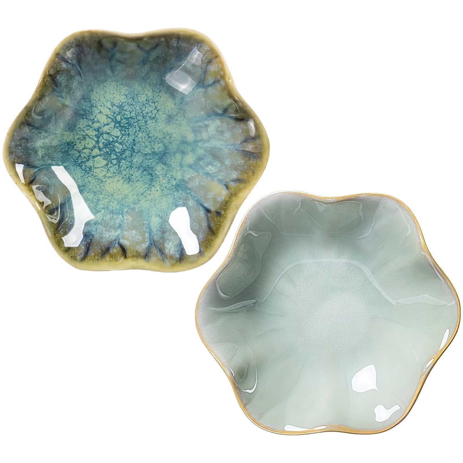 2Pcs Ceramic Jewelry Dish - Lotus Leaf Shape, for Ring Holder Necklace Small Key, Suitable for Mother Friend Sister, Gifts for Women, Cute Plate Trinket Tray, Home Decor (Crystal Green &amp; Green)