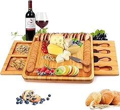 Bamboo Cheese Board with Cheese Tools, Cheese Plate Charcuterie Board Platter Set Serving Tray for Wine Cracker Brie and Meat, Large Thick Wooden Server, Fancy House Warming Gift for Gourmets