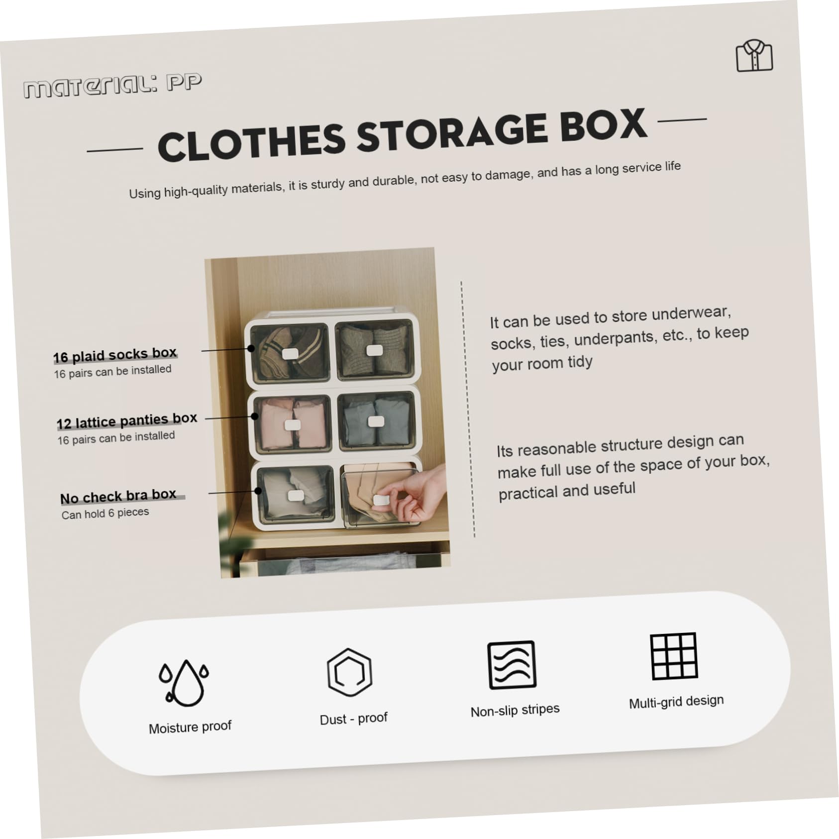 ABOOFAN Schubladenbox 5 Fächer für Socken und Krawatten Kleiderschrank Organizer aus Pp Weiß Stapelbar und Platzsparend
