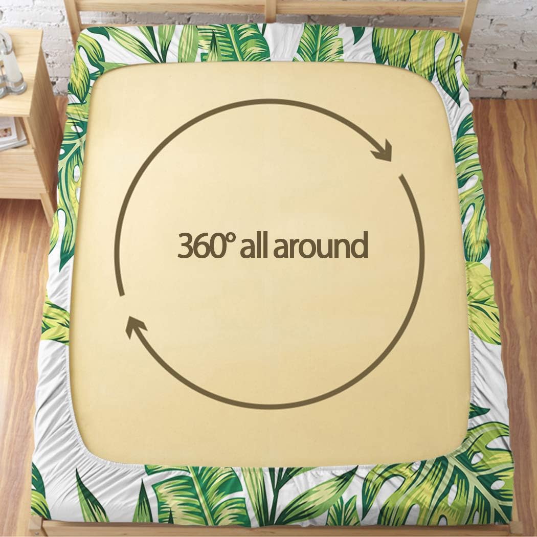 ARL HOME Bed Sheet Set Twin Size Tropical Theme Plants Bedding Jungle Banana Leaves Bed Set 3PC Forest Green Leaf Botanical 1 Flat Sheet +1 Fitted Sheet+1 Pillow Cases