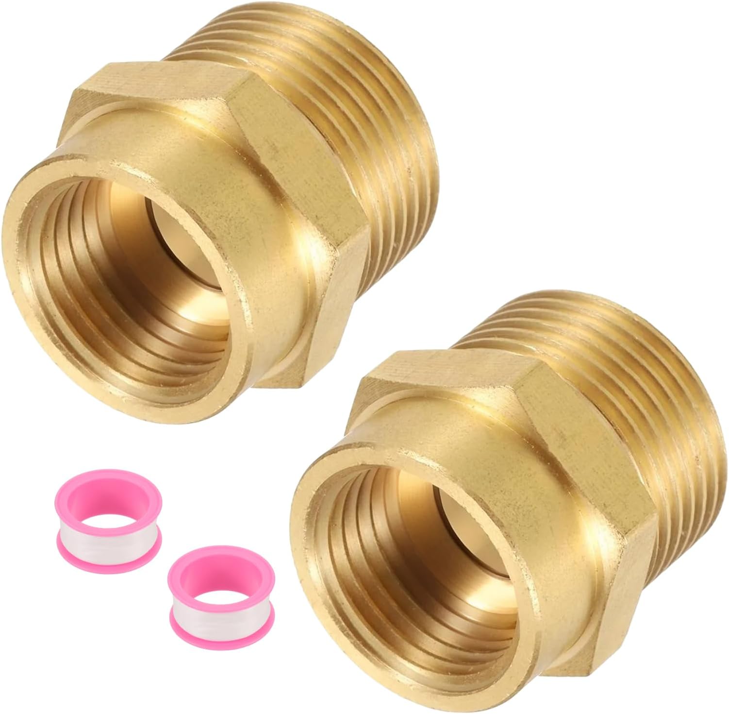 2Pcs Brass Pipe Fitting, 1/2" NPT Female × 3/4" G Male Brass Hex Nipple Pipe Fitting Adapter, 1/2" to 3/4" Female Pipe Fitting Adapter with PTFE, Gold Tone