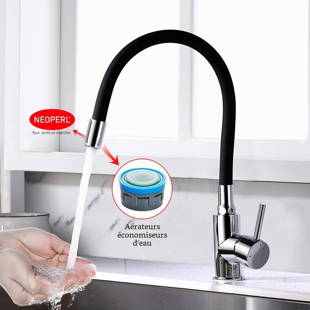 GRIFEMA Mitigeur Évier Bec Flexible Rotative 360° Chrome Noir G4002-2