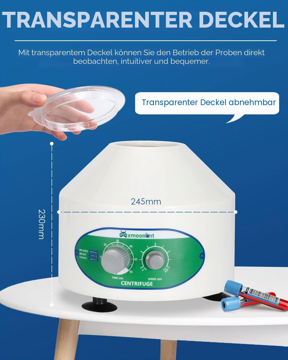 Mxmoonant Laborzentrifuge, 4000rpm, 6x20ml, 1790xg, 60min Timer, 4kg, φ245x215, geeignet für 20ml/15ml/10ml/5ml Teströhrchen, für Trennung von Proben, Qualitative Analyse (EU Stecker)