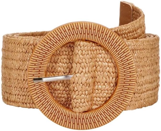 SUOSDEY Straw Woven stretchy Waist Belt for Women Dresses,Wide Boho Braided Elastic Belt with Round Buckle
