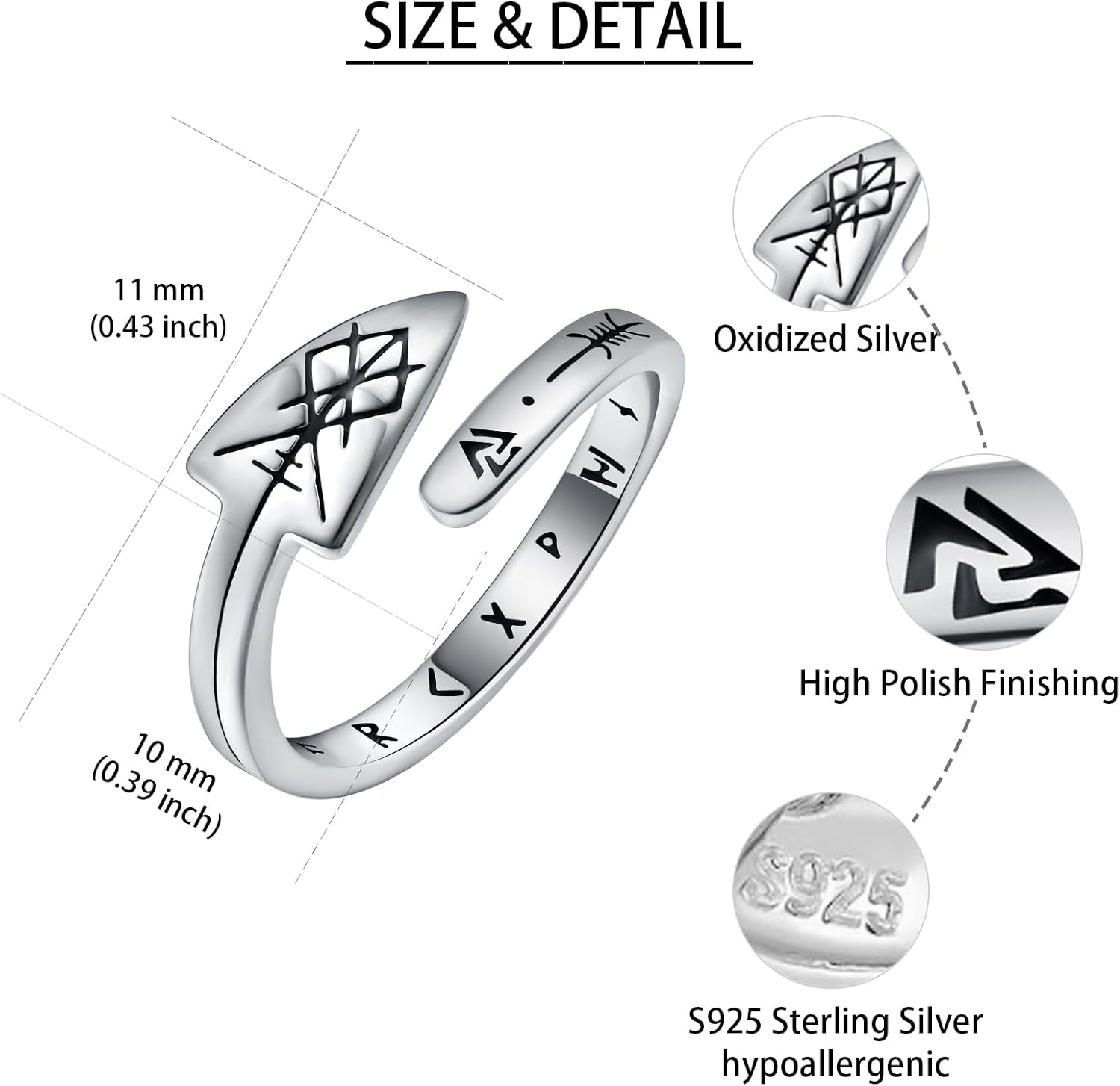 925 Sterling Silver Norse Viking Ring for Women - Vintage Gungnir spear adjustable rings Viking Rune Jewelry Gifts