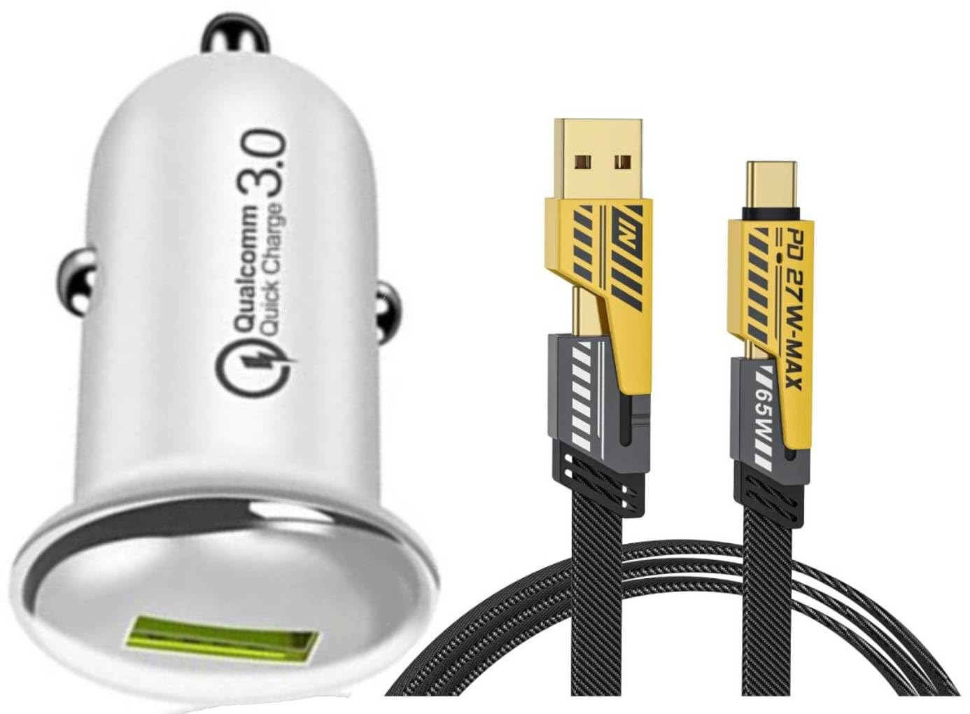 30W Car Charger for Renault Triber RXE Single USB Port Car Charger High Speed Quick QC 3.0 Smart with 1.2m 4-in-1 Metal Flat Braided Indestructible Smartphone Multi iOS Type-C USB Cable (White, SE.V)-image-13
