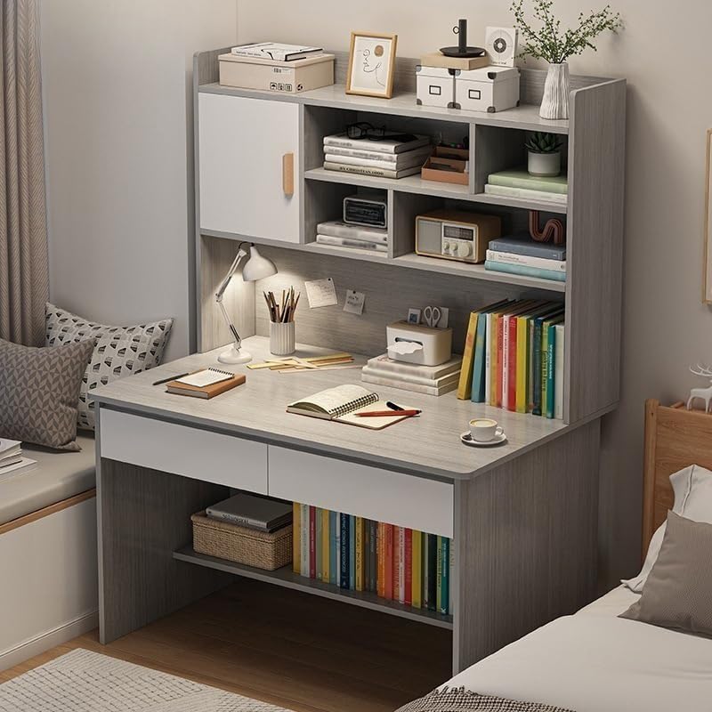 LITFAD Modern Computer Desk Work from Home Desk with Hutch, Bookcase and Integrated Cable Management, Rectangular Wood Office Desk 2 Drawers, 31.5" L x 17.7" W x 59.8" H, Grey