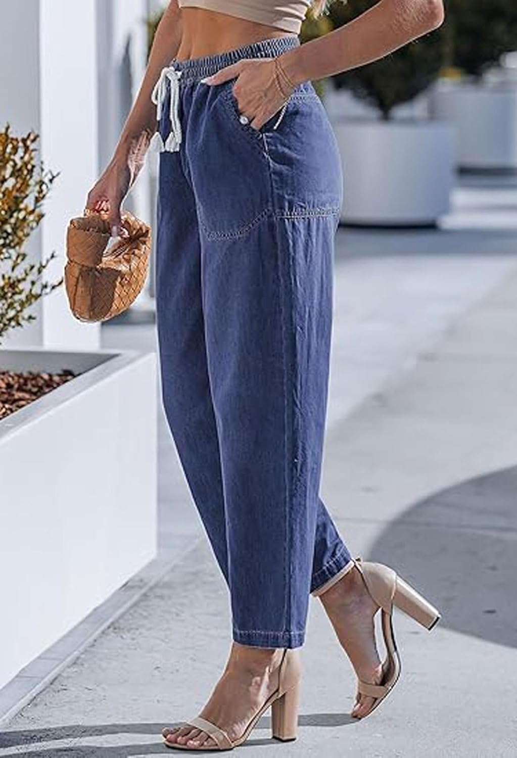 loveimgs Women Casual Elastic Waist Wide Leg Jeans Cropped Denim Pants Ankle High Waisted Pull On Jeans Drawstring Sweatpants