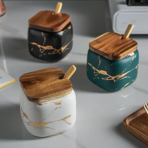 Miniatura 8 de Juego de 2 tarros de cerámica de mármol para condimentos, cuencos de sal de azúcar y condimentos con tapas de madera, cuchara de madera y bandeja