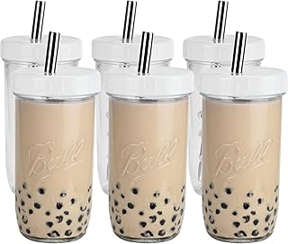 Bubble Tea Cups 6 Pack 24 oz, Reusable Wide Mouth Smoothie Cups, Iced Coffee Cups With White Lids and Silver Straws Mason ...