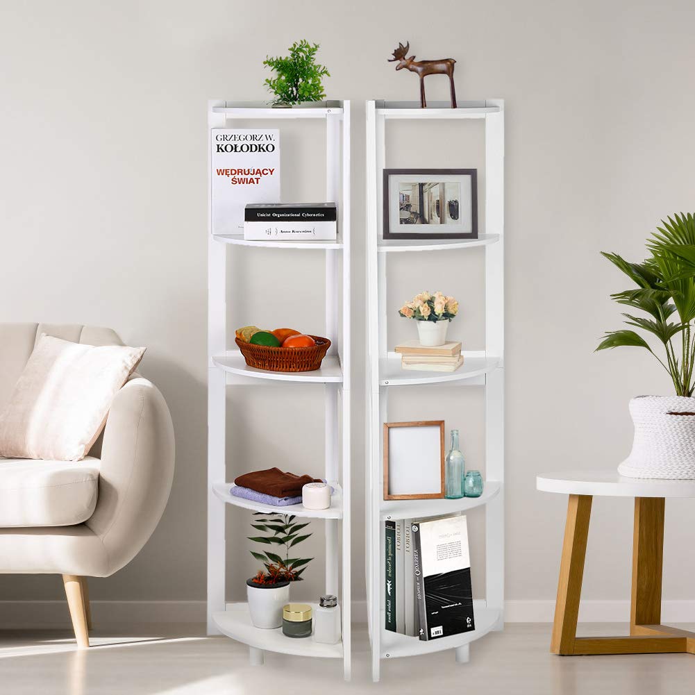 White Corner Bookshelf, Corner Shelf Unit Modern 5Tier Wooden Corner Book Shelf Storage