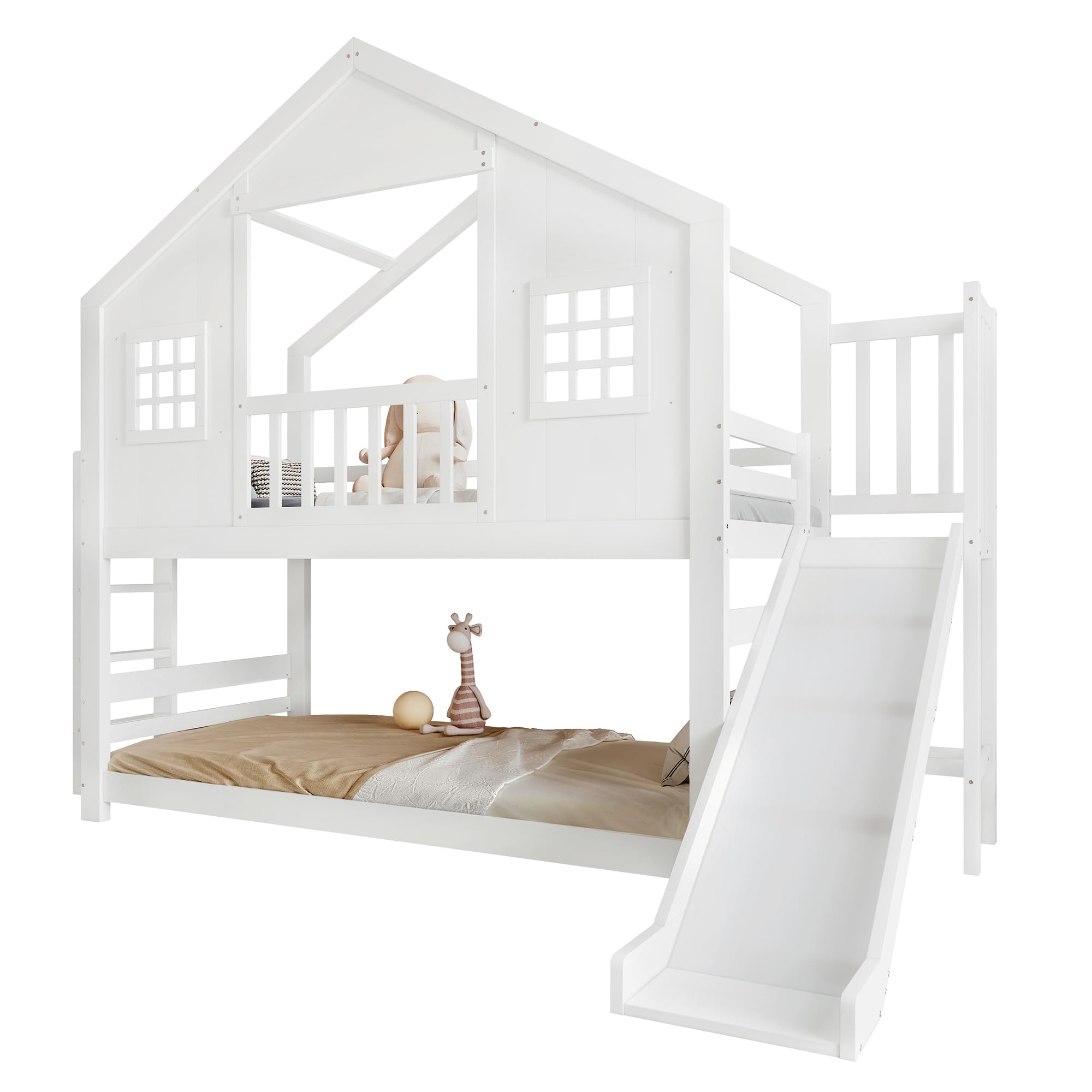 MYBOO Kinderbett Etagenbett 90x200, Hochbett Hausbett mit Rutsche&Leiter&Fenstern&Dach, Stockbett Doppelbett Holzbett Jugendbett Bettgestell mit Lattenrost&Rausfallschutz, Kiefer, Ohne Matratze, Weiß