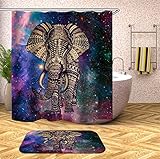 FANSU Duschvorhang Wasserdicht Anti-Schimmel Anti-Bakteriell 3D Drucken mit C-Form Kunststoff Haken für Badzimmer, 100prozent Polyester Karikatur Bad Vorhang mit Ringe (180x180cm,Galaxienelefant)