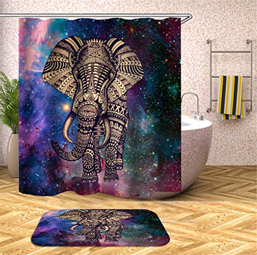 FANSU Duschvorhang Wasserdicht Anti-Schimmel Anti-Bakteriell 3D Drucken mit C-Form Kunststoff Haken für Badzimmer, 100prozent Polyester Karikatur Bad Vorhang mit Ringe (180x180cm,Galaxienelefant)