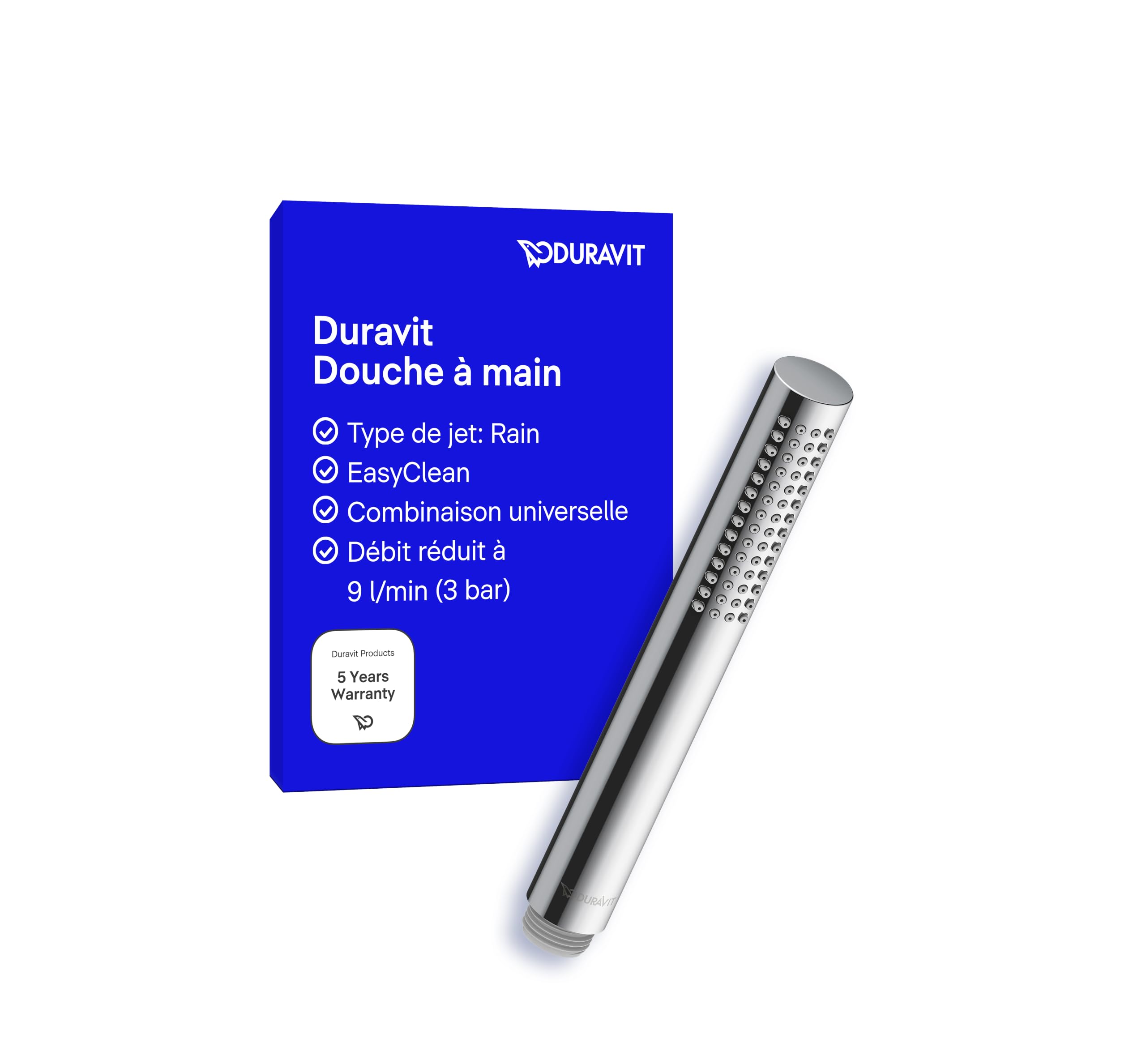 Duravit Universal douchette, pommeau de douche, pomme de douche avec jet Rain, Tête de douche ronde, avec fonction MinusFlow permettant d'économiser l'eau, facile à nettoyer, chromé