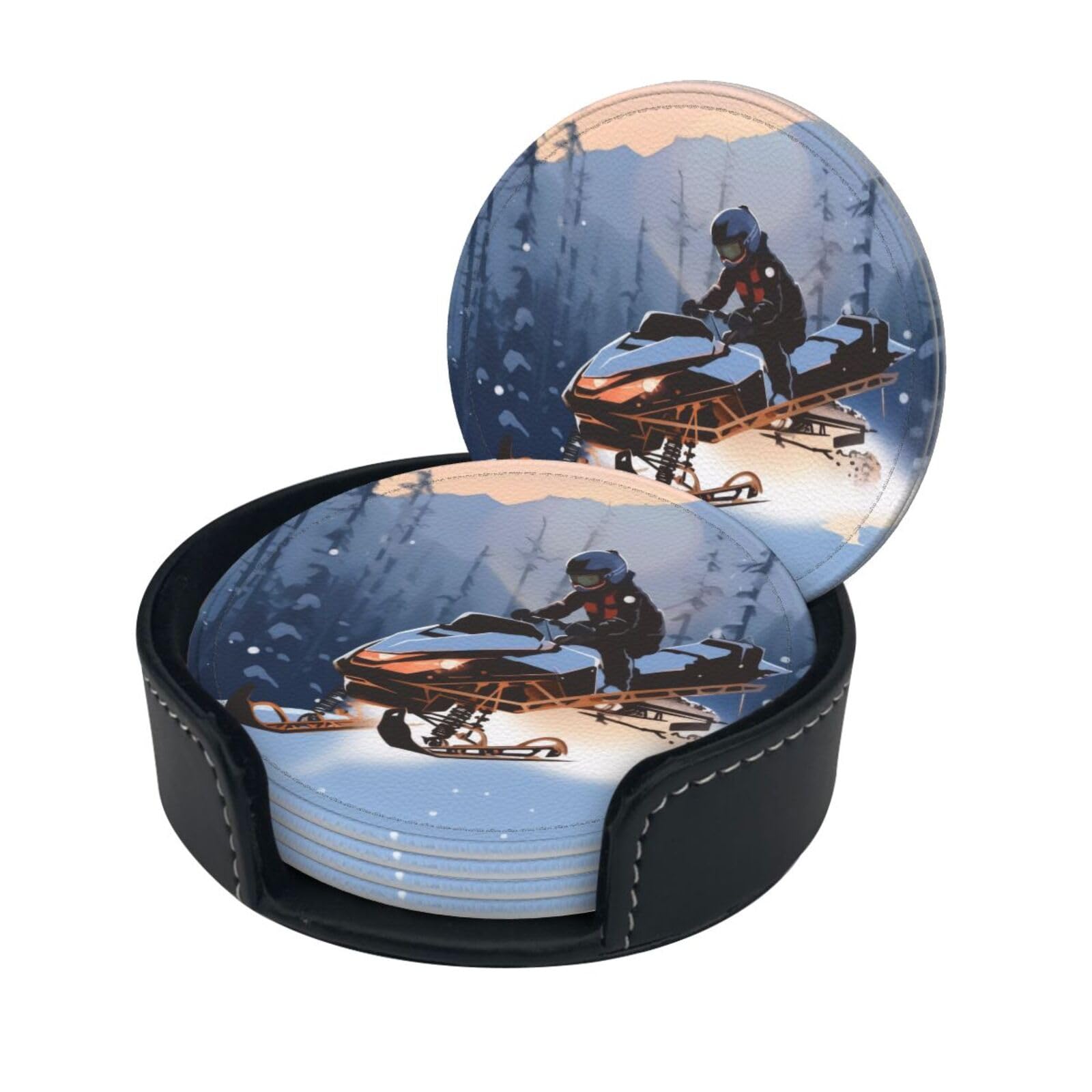 Stylish Coasters - Snowmobile Set of 6 Round Leather Drink Coasters with Holder - Perfect Size for Cups and Glasses