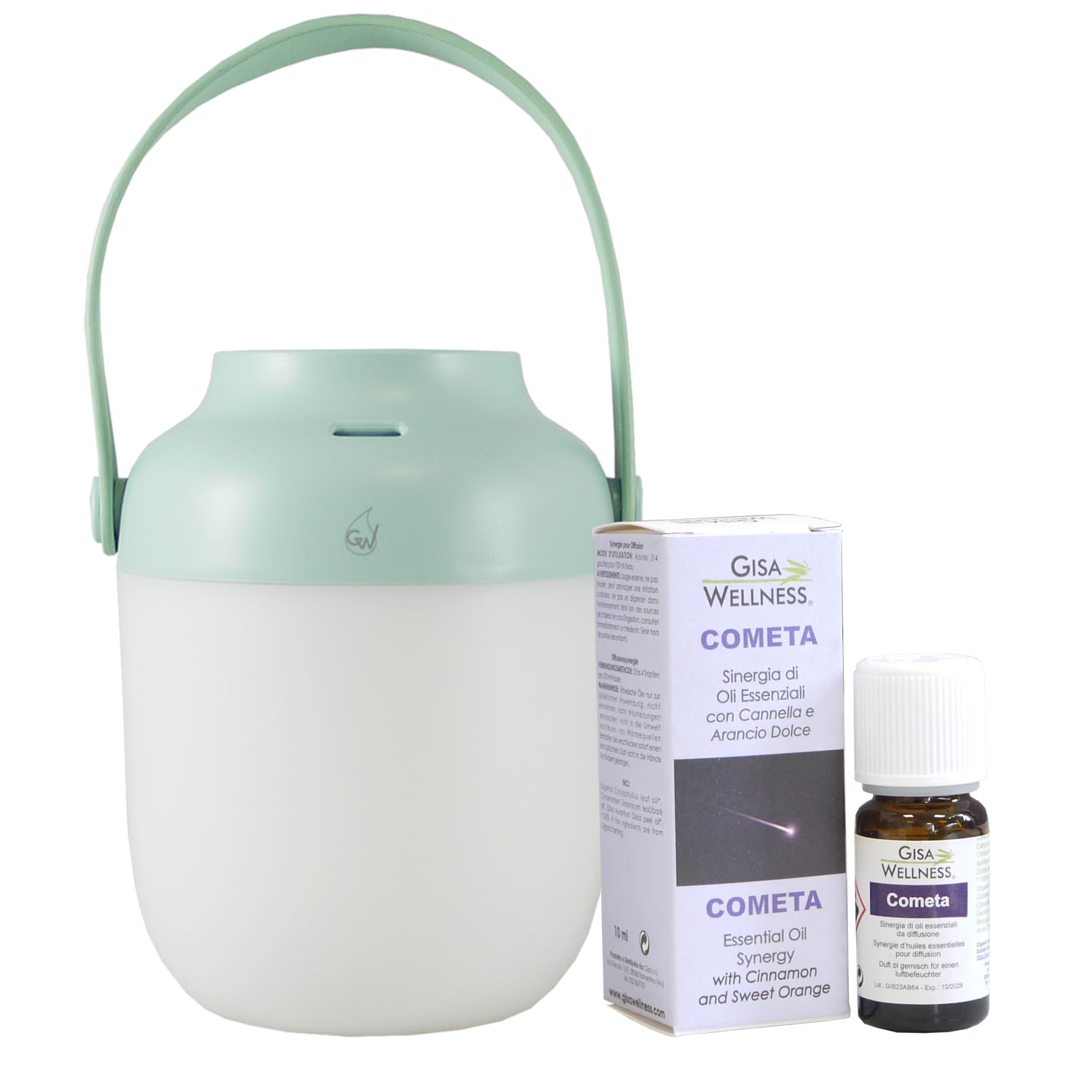 Gisa Wellness Lucciola diffusore oli essenziali batteria ricaricabile usb e Sinergia Cometa puri per purificazione e vitalità portatile senza fili, da auto e ufficio