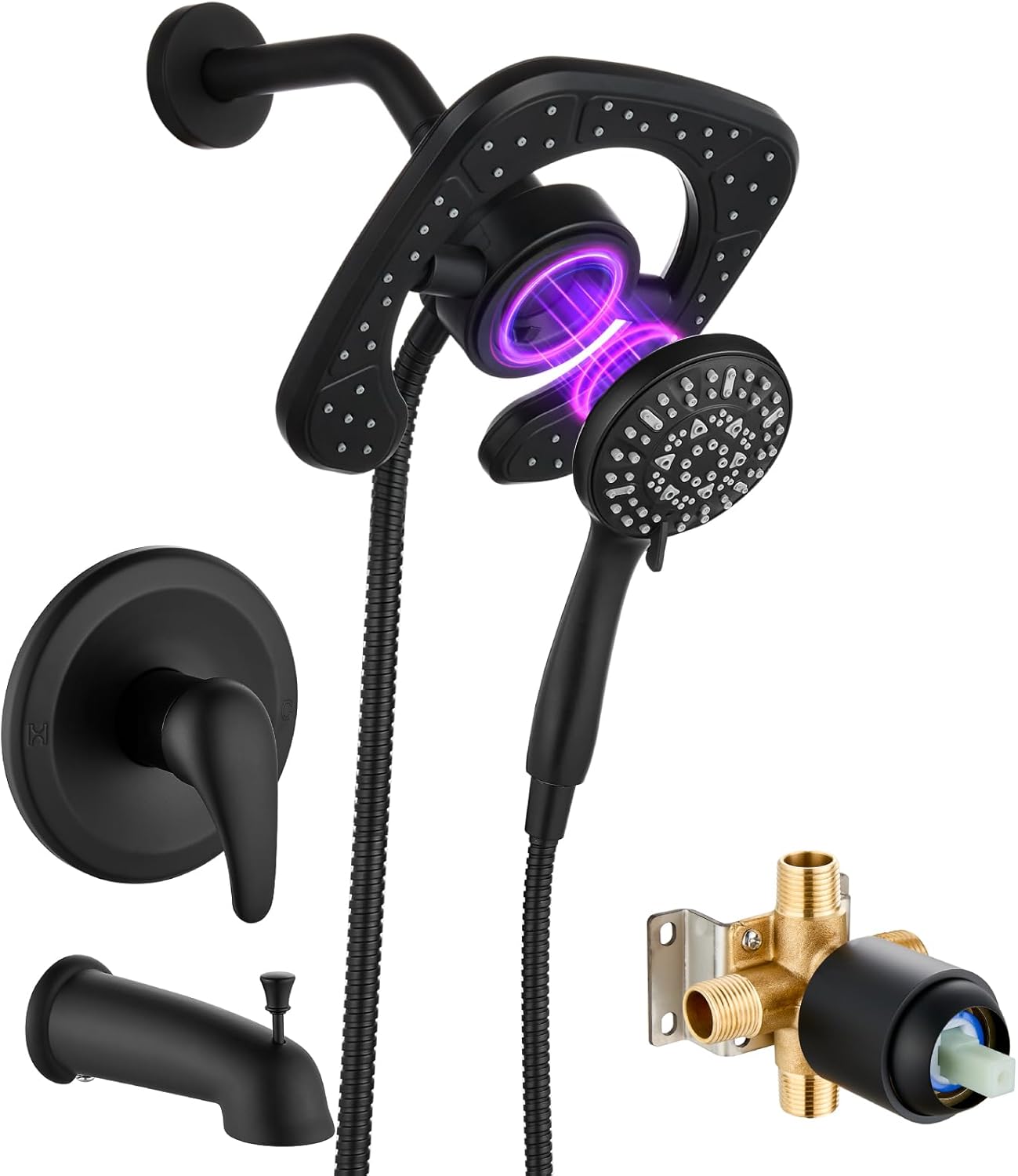High Pressure Shower Tub Faucet Set with Dual 2-in-1 Shower Head with HandHeld Spray Combo,Tub Faucet,Valve Trim Kit,Matte Black