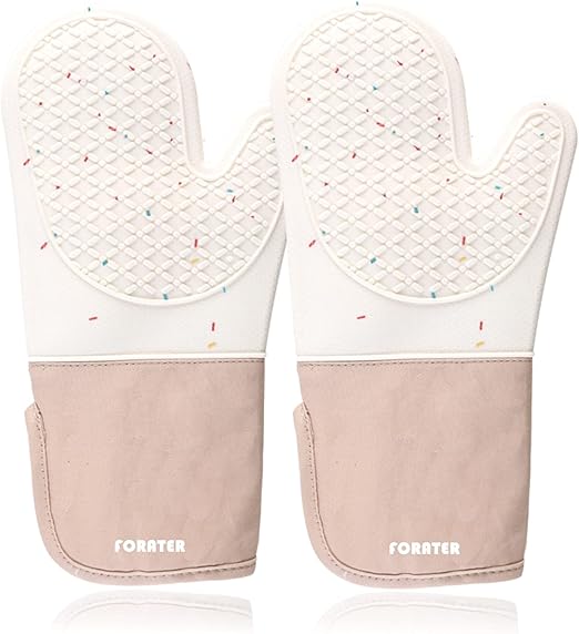 Long Silicone Oven Mitts with Non-Slip Grip, 13.2'' Heat Resistant Flexible Oven Glove Set Hot Mitts with Soft Cotton Lining for Cooking, Baking, and Grilling (Milky White)