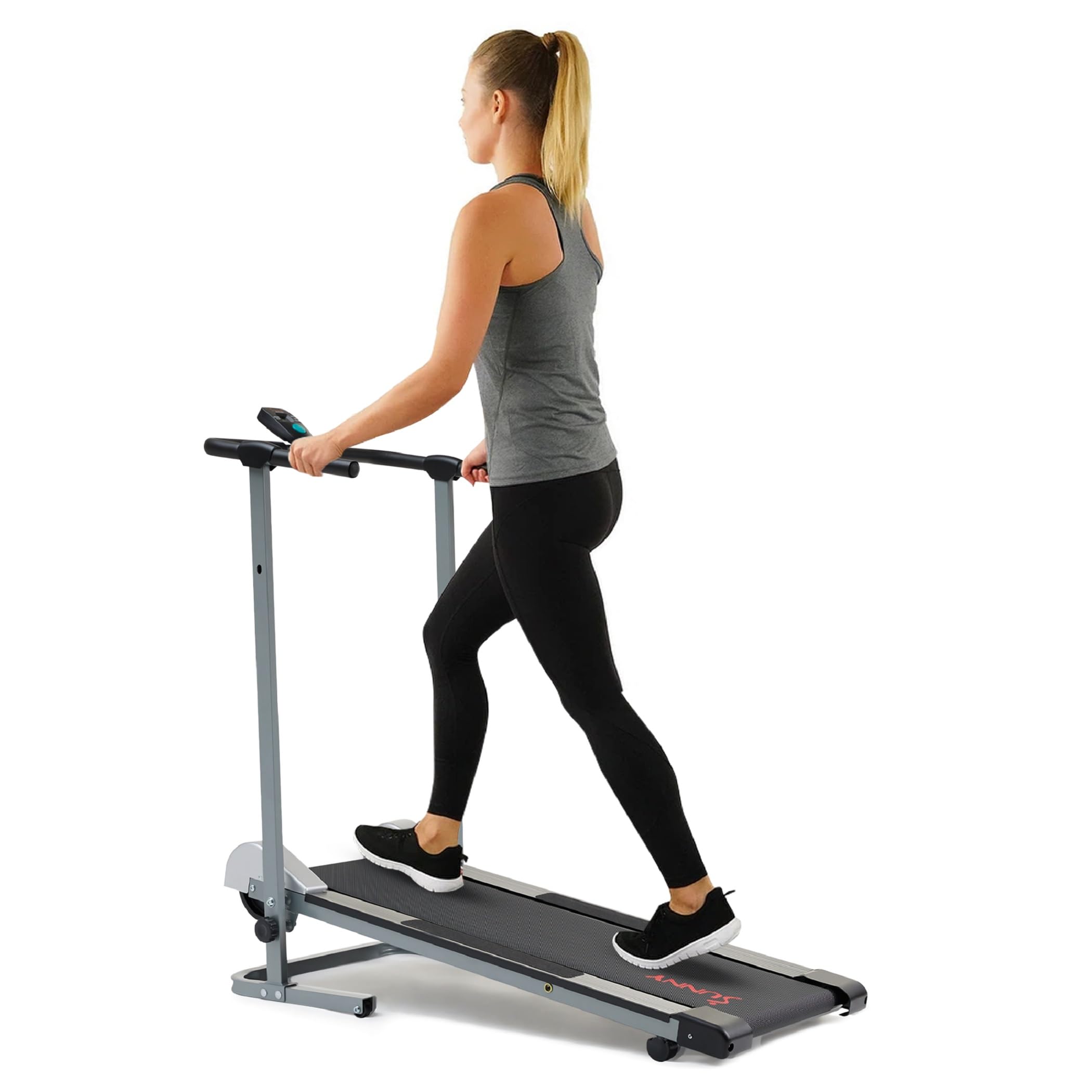 Sunny Health & Fitness Folding Treadmill Manual Compact Mini Treadmill Gray Walking Running Machine No Power Supply Cardio Equipment for Home Office Optional Device Holder for Treadmill