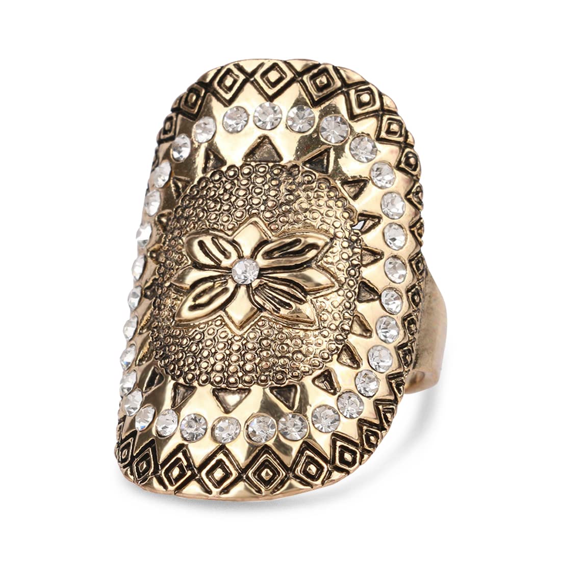 THJEW Flower Pattern Boho Wide Band Ring,Retro 14K Gold Plated Cocktail Party Statement Full Finger Punk Chunky National Style Ring for Women