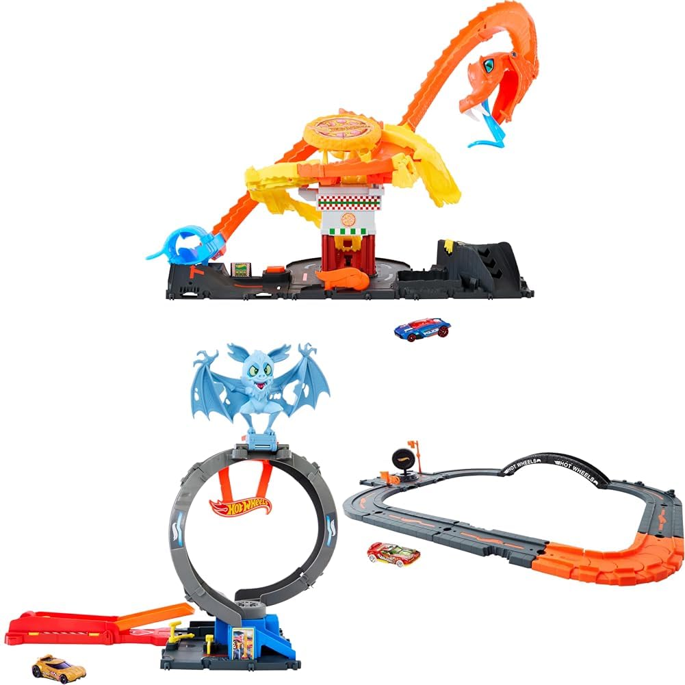 Bundle of Hot Wheels City Pizza Slam Cobra Attack, Snake Tail Spiral Track, 1 Vehicle + Bat Loop Attack with Adjustable Loop & Launcher, Toy Car + City Track Pack, 10 Component Parts, Toy Vehicle