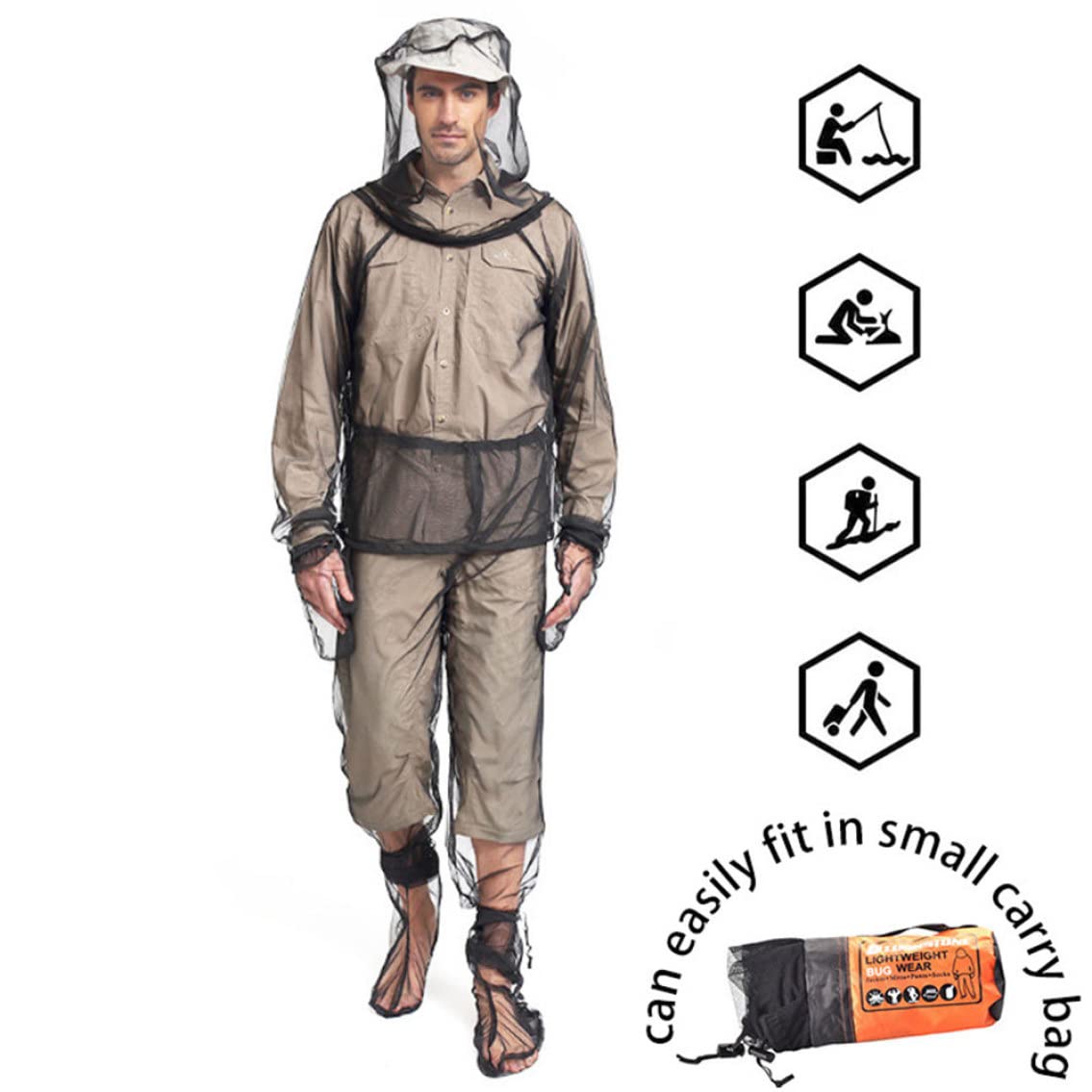 Vêtements Anti-moustiques 4 pièces moustiquaires Respirantes translucides Costume réglable Protection Pliable pour Camping Cyclisme pêche randonnée