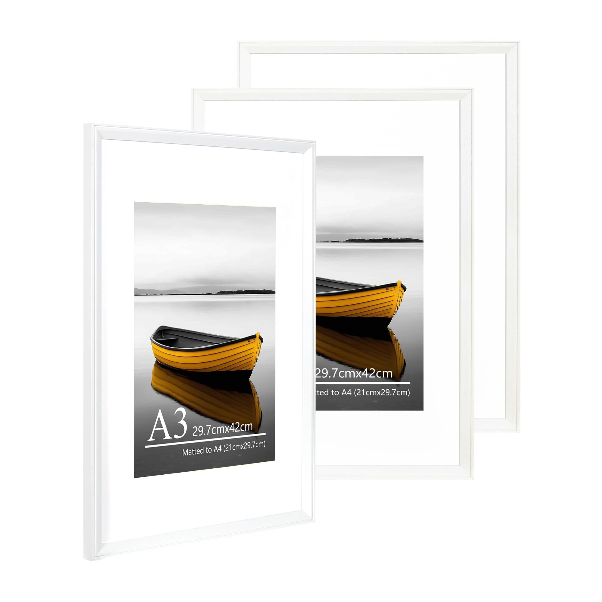 Baoee A3 white Picture Frame with A4 Mount,Set of 3,photo frame with acrylic glass, A3 Frame,Poster Frame, certificate frame,Wall Mountable