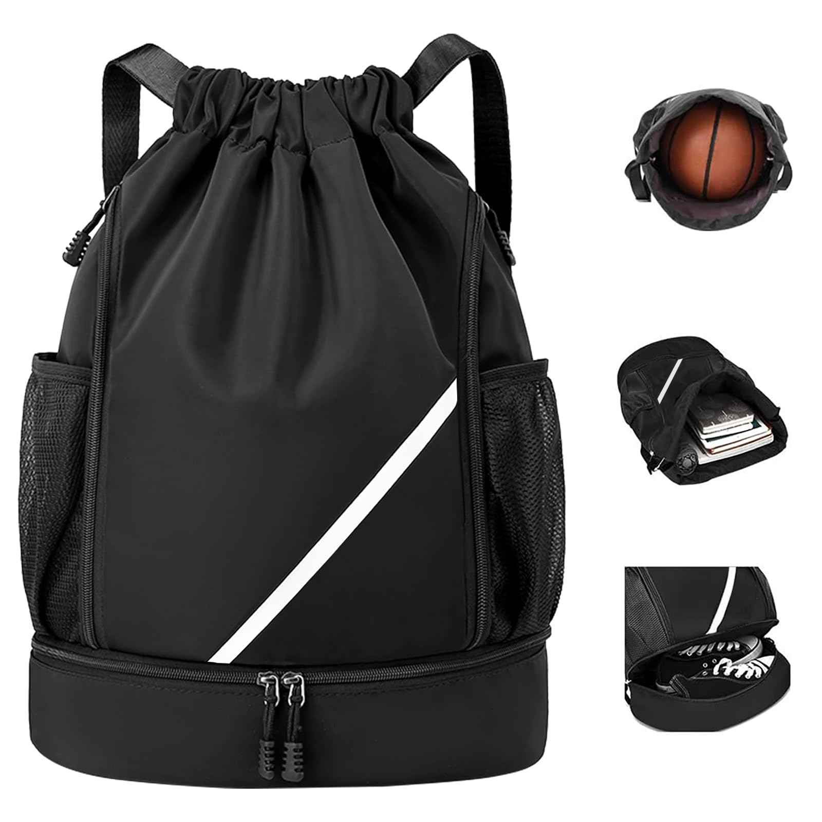 Drawstring Bags, Waterproof Drawstring Gym Backpack, Large Capacity Drawstring Gym Bag, Swim PE Bags with Shoes Compartment & Water Bottle Mesh Pockets for Sports or Daily Use