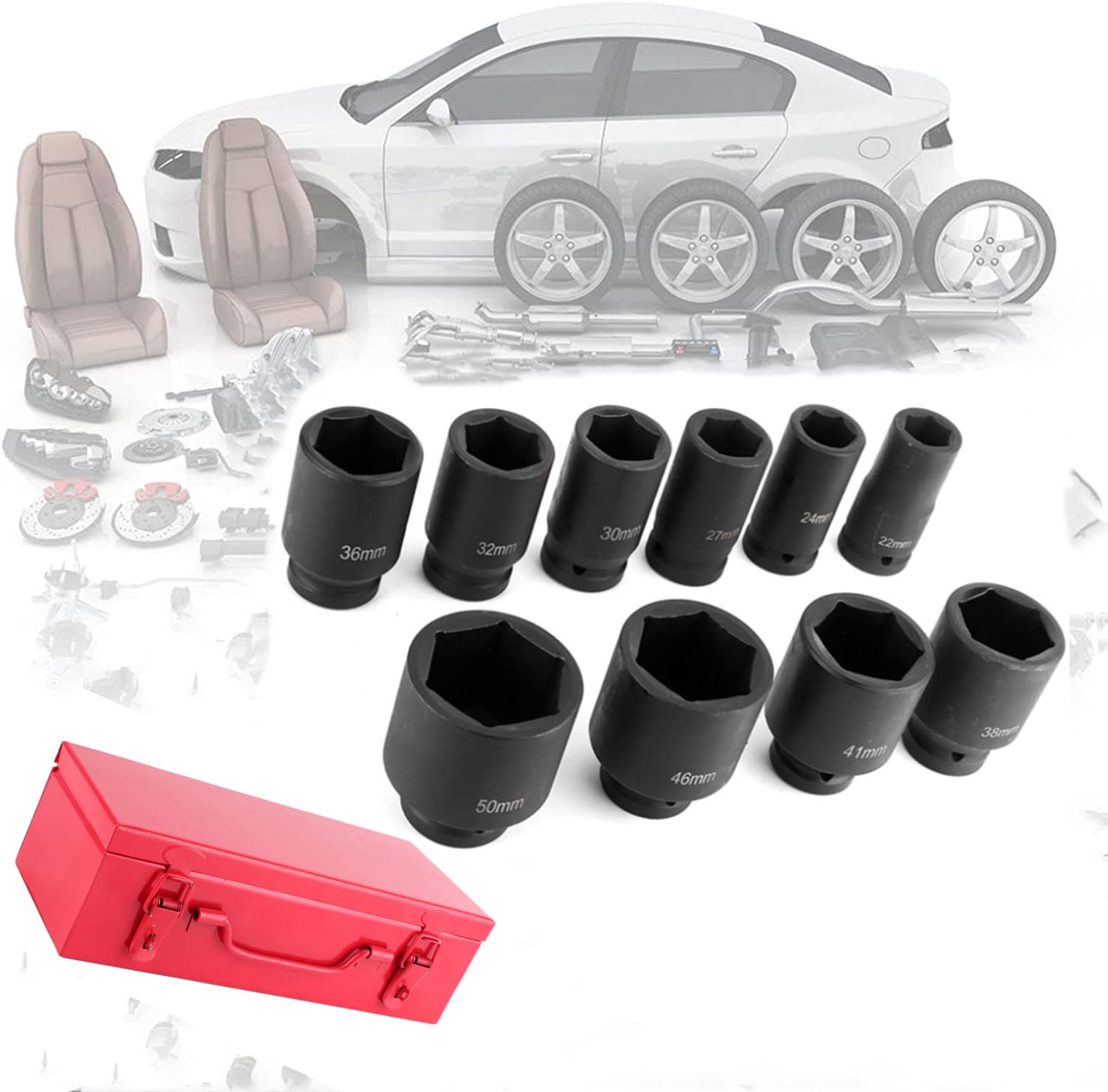 Impact Socket Set, 10pcs Metric Deep Impact Socket 3/4in Impact Socket 6‑Point Impact Socket Wrench Socket 22-24 - 27-30 - 32-36 - 38-41 - 46-50mm with Iron Box, Chrome-Molybdenum Steel