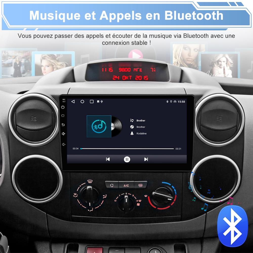 AWESAFE Autoradio Android 15 pour Citroën Berlingo/Peugeot Partner (2008-2019), Écran Tactile 9 Pouces 2Go+64Go, CarPlay & Android Auto, GPS WiFi Bluetooth USB DSP, SWC, Caméra de Recul Incluse